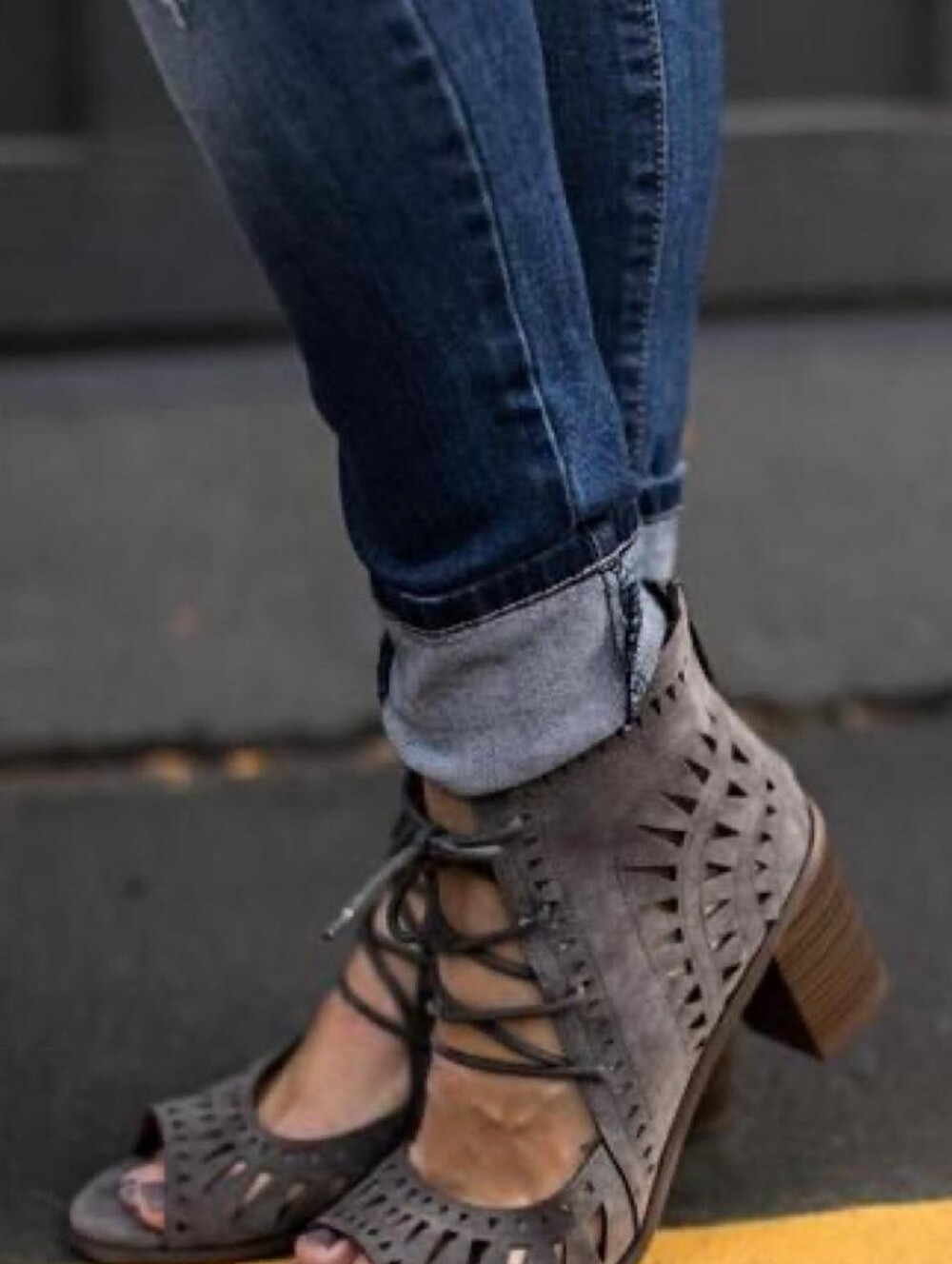 JustFab | Alenka Lace-Up Cutout Block Heel Sandals - Gray
